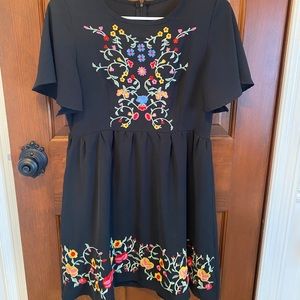 Embroidered floral zip back flock dress